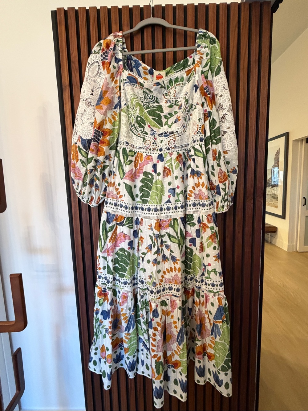 FARM Rio White Tiered Midi Dress with Green, Blue and Orange Floral Print